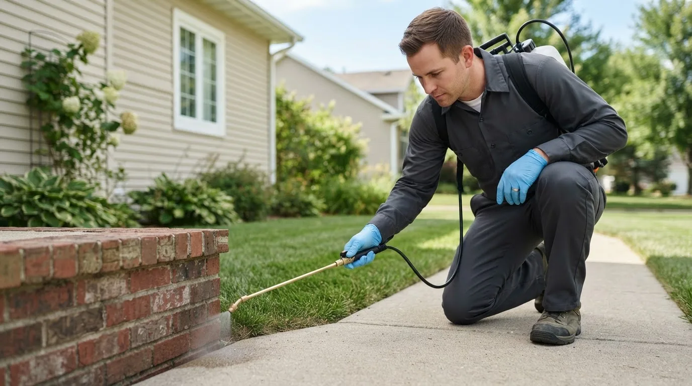Pest control technician treating a home near Modesto, IL